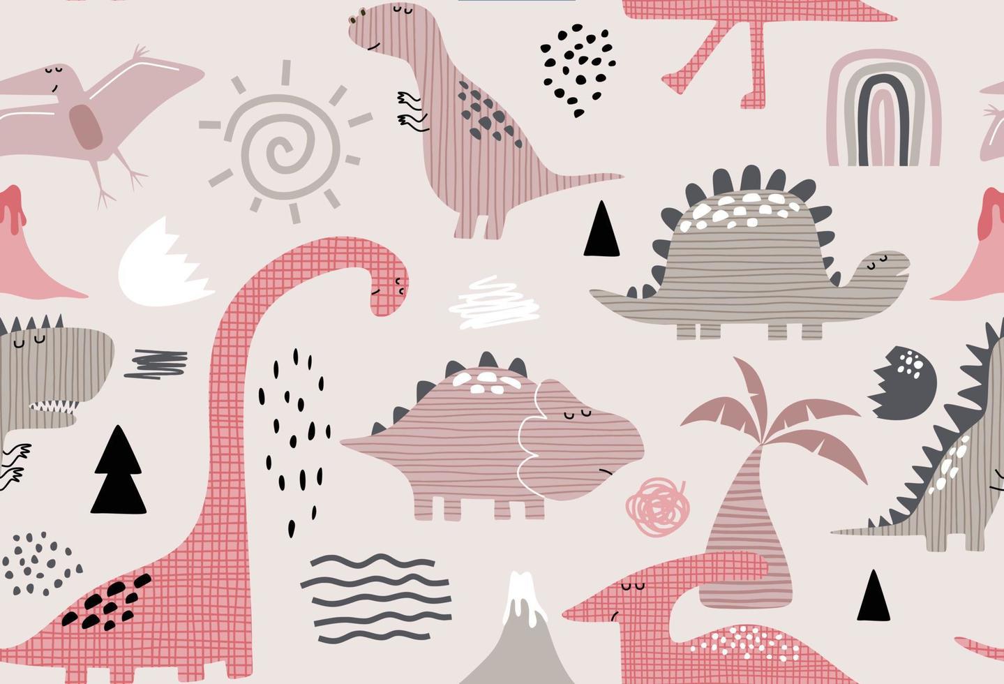 Childish seamless pattern with hand drawn dino in scandinavian style. vector