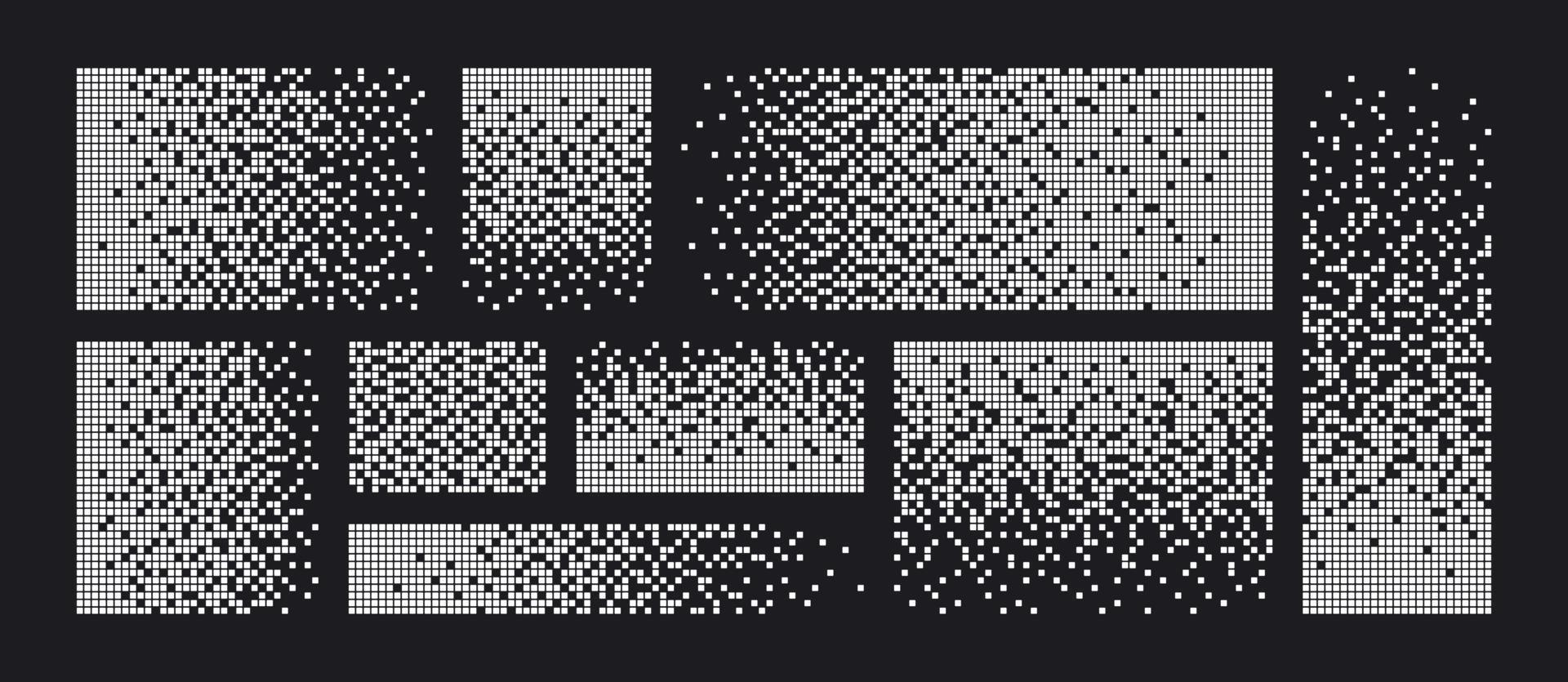 fondo de desintegración de píxeles. efecto de descomposición. patrón de puntos dispersos. concepto de desintegración. establezca texturas de mosaico de píxeles con partículas cuadradas simples. ilustración vectorial sobre fondo negro vector