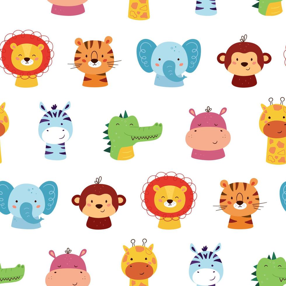 patrón impecable con lindos personajes de animales africanos. gracioso león kawaii, tigre, jirafa, elefante y cocodrilo. patrón de niños rostros de animales salvajes. Ilustración vectorial sobre fondo blanco vector