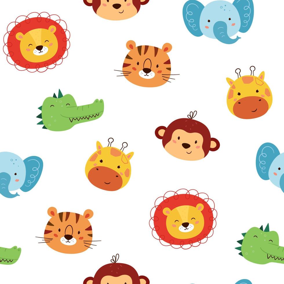 Seamless pattern with cute animal characters. Funny kawaii lion, tiger, giraffe, elephant, monkey and crocodile. Children pattern. Faces of wild animals. Vector illustration on white background