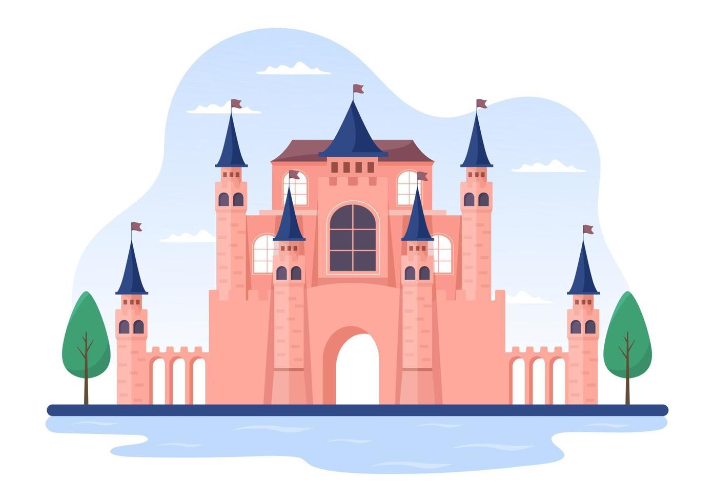 Castle with Majestic Palace Architecture and Fairytale Like Forest Scenery in Cartoon Flat Style Illustration vector