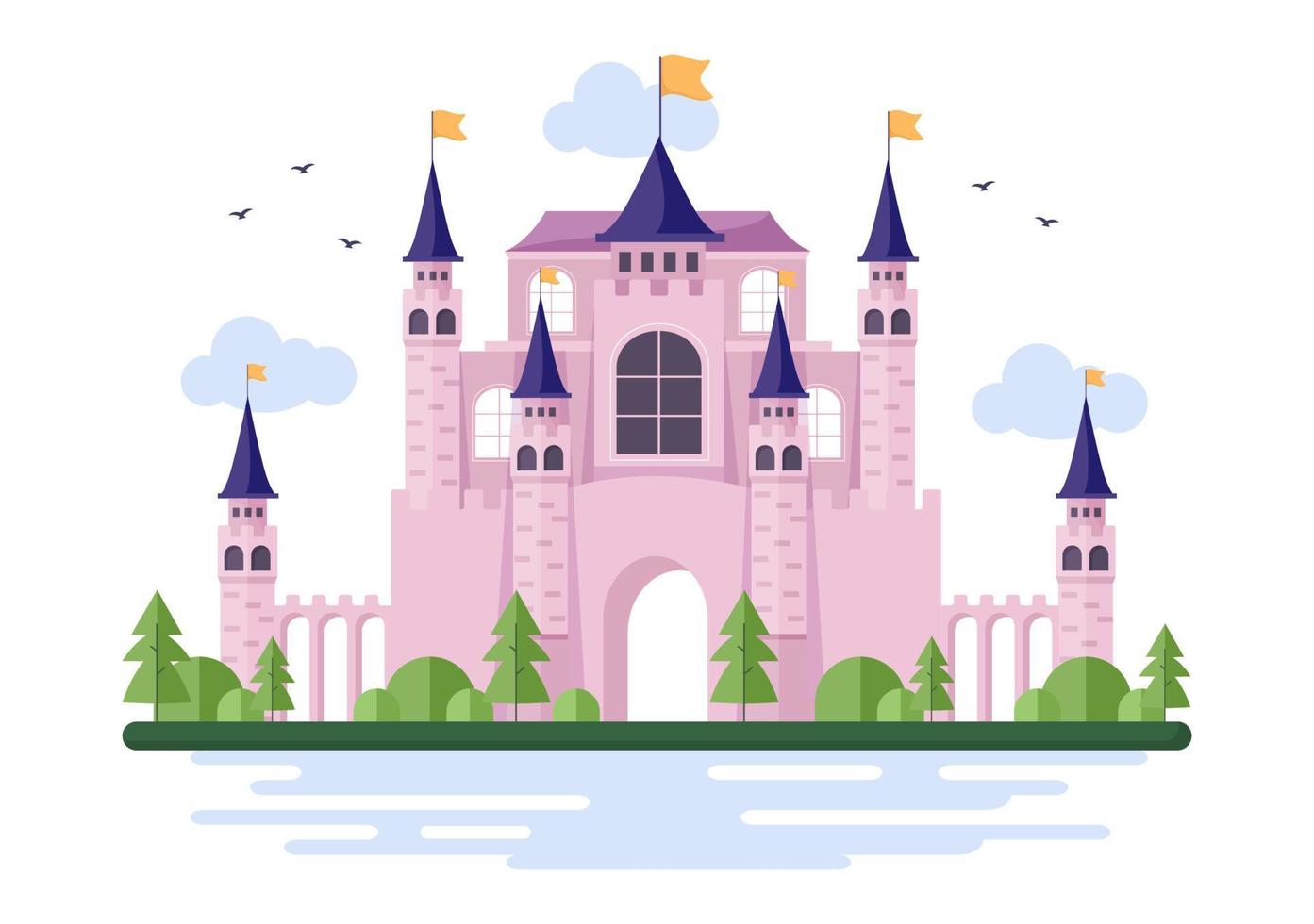 castillo con majestuosa arquitectura de palacio y cuento de hadas como paisaje forestal en ilustración de estilo plano de dibujos animados vector
