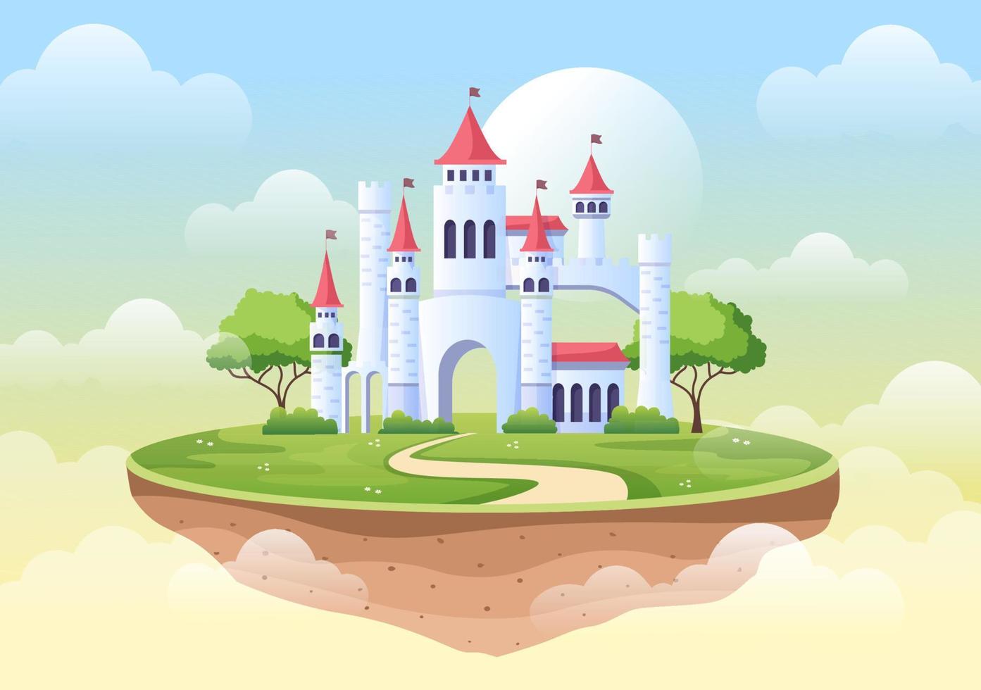 castillo con majestuosa arquitectura de palacio y cuento de hadas como paisaje forestal en ilustración de estilo plano de dibujos animados vector