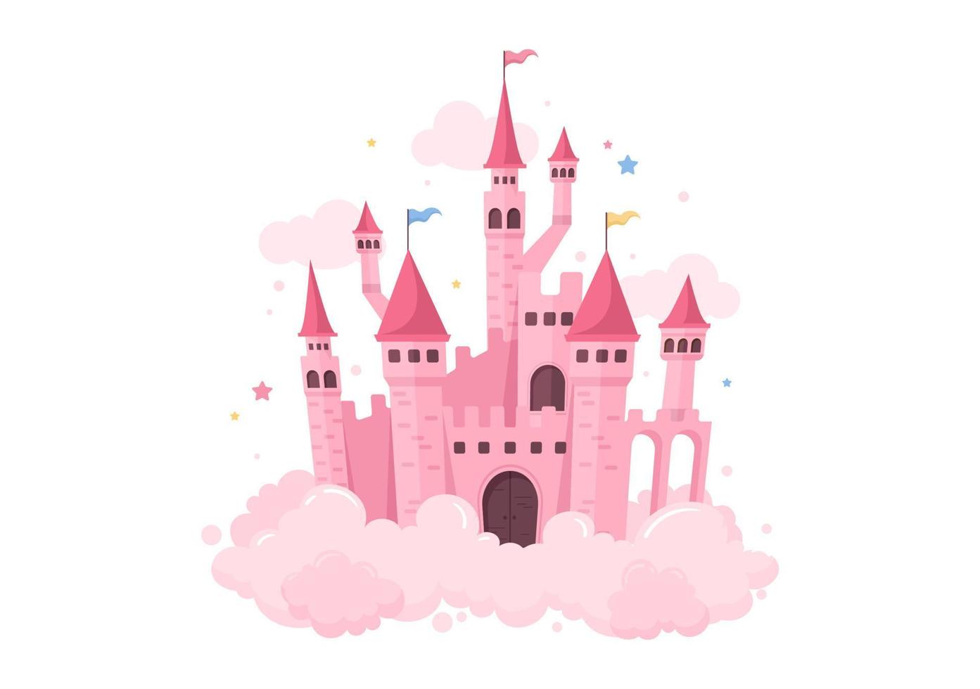 castillo con una majestuosa arquitectura de palacio y un paisaje de cuento de hadas en una ilustración de estilo plano de dibujos animados vector