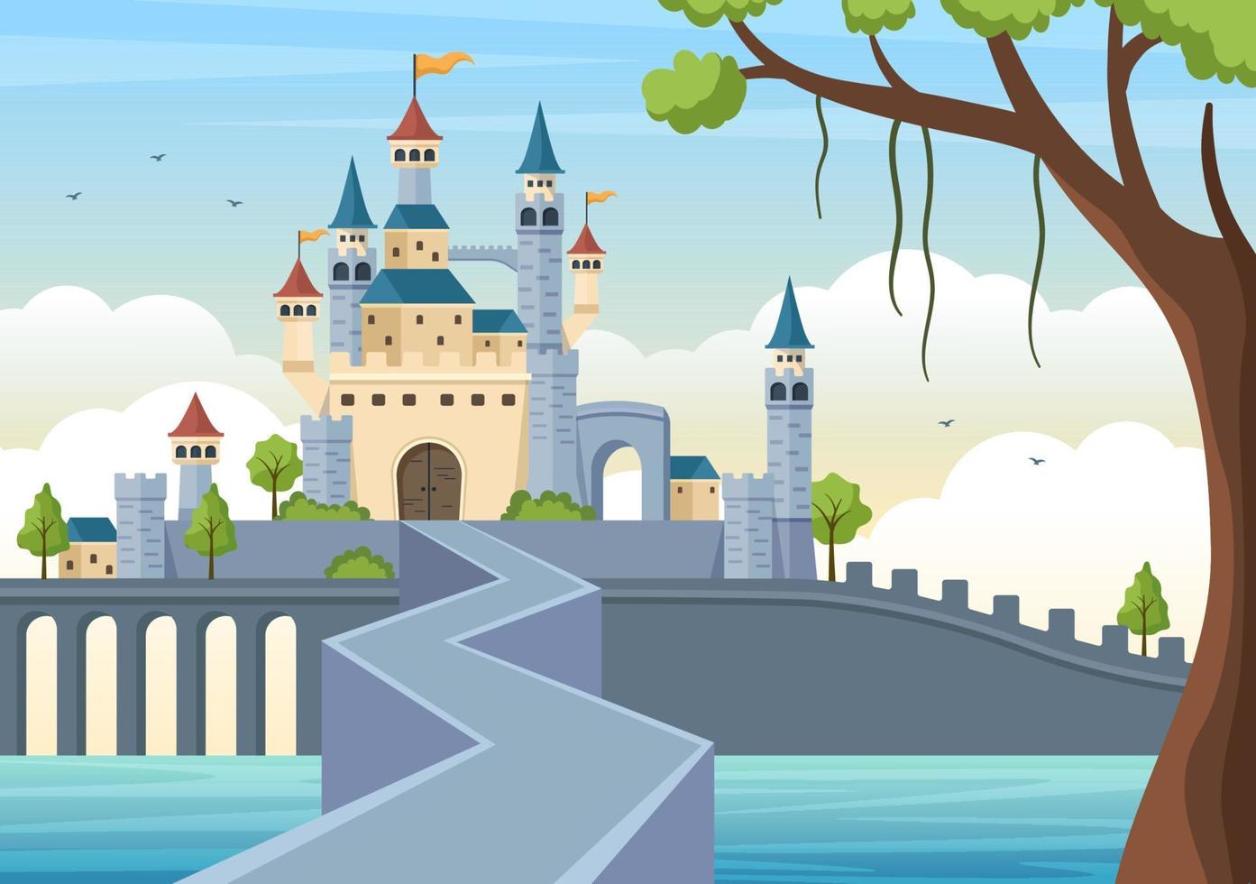 Castle with Majestic Palace Architecture and Fairytale Like Forest Scenery in Cartoon Flat Style Illustration vector