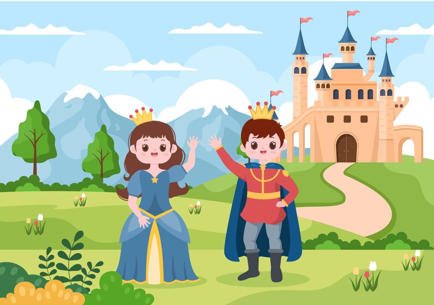 príncipe y reina frente al castillo con majestuosa arquitectura palaciega y un cuento de hadas como un paisaje forestal en una ilustración de dibujos animados de estilo plano vector