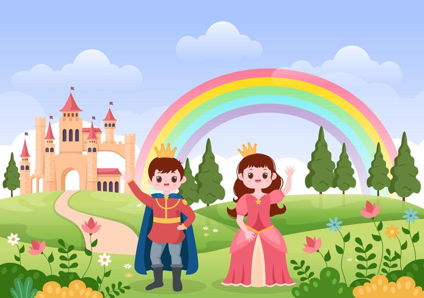 Prince and Queen in Front of the Castle with Majestic Palace Architecture and Fairytale Like Forest Scenery in Cartoon Flat Style Illustration vector