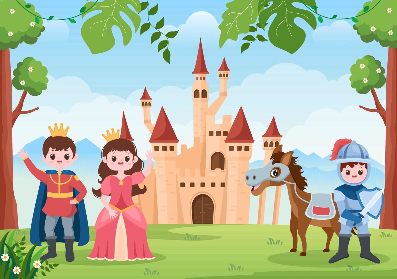 príncipe, reina y caballero con caballo frente al castillo con majestuosa arquitectura de palacio y cuento de hadas como paisaje forestal en ilustración de dibujos animados de estilo plano vector