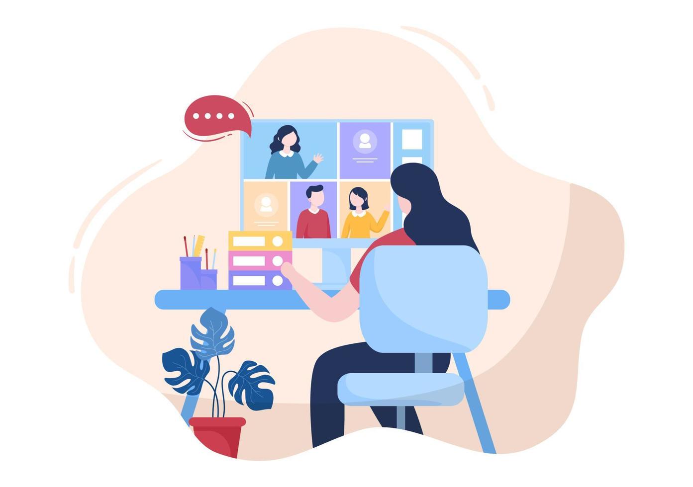 Conference Video Call by Remote Communication with Online Friends using a Smartphone or Computer via a Webcam for Working From Home in Flat Style Cartoon Illustration vector