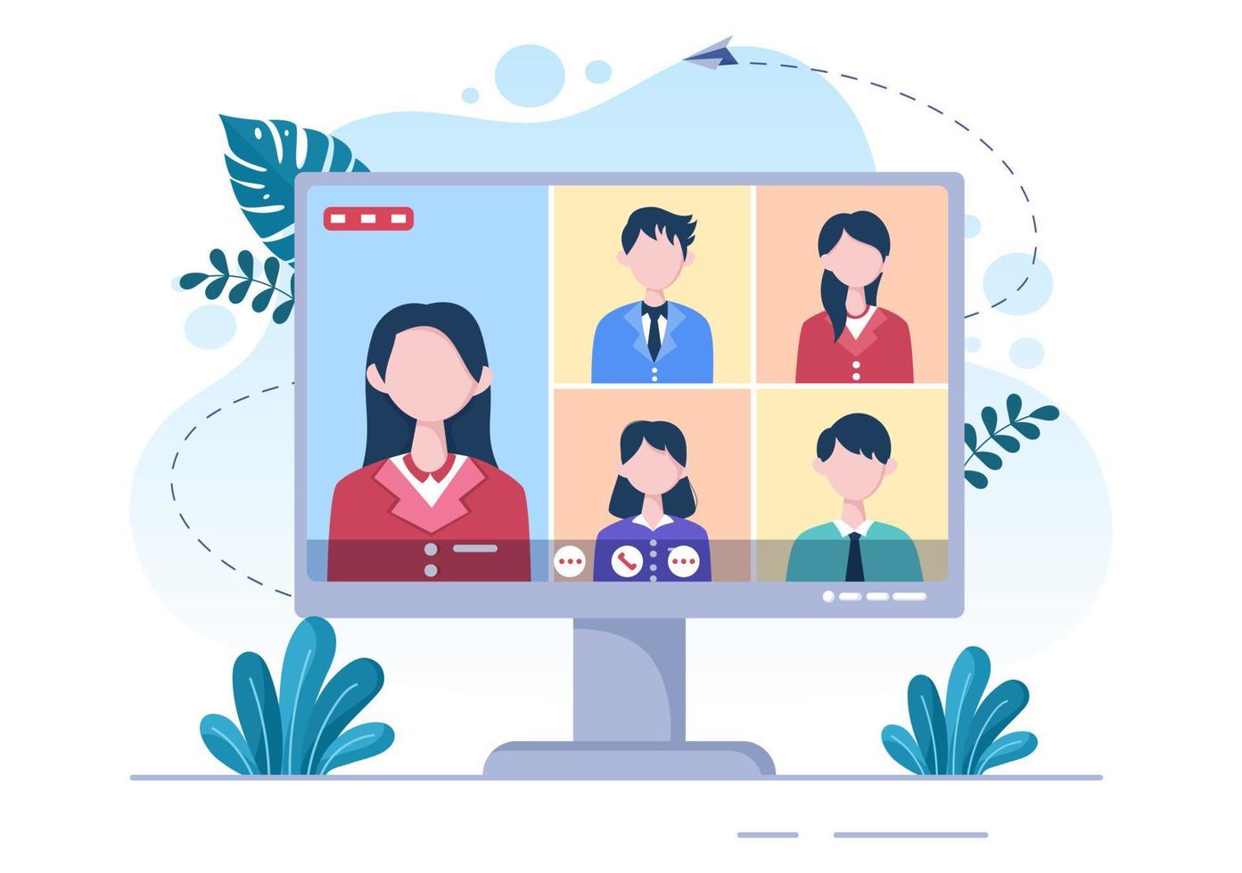 Conference Video Call by Remote Communication with Online Friends using a Smartphone or Computer via a Webcam for Working From Home in Flat Style Cartoon Illustration vector