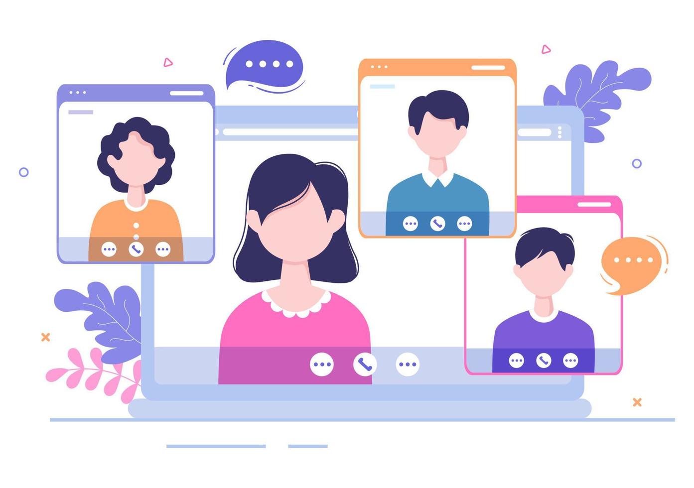 Conference Video Call by Remote Communication with Online Friends using a Smartphone or Computer via a Webcam for Working From Home in Flat Style Cartoon Illustration vector