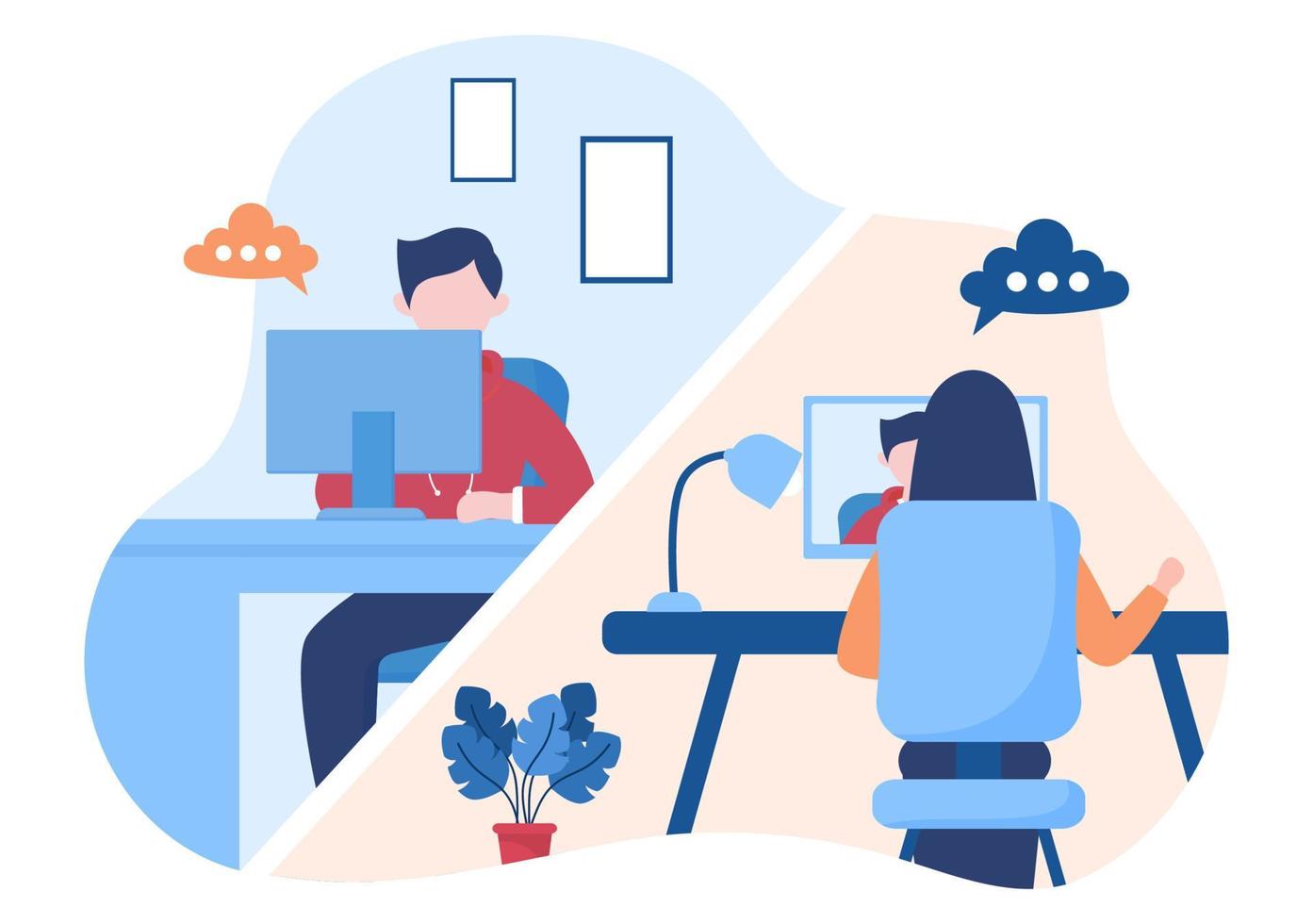 Conference Video Call by Remote Communication with Online Friends using a Smartphone or Computer via a Webcam for Working From Home in Flat Style Cartoon Illustration vector