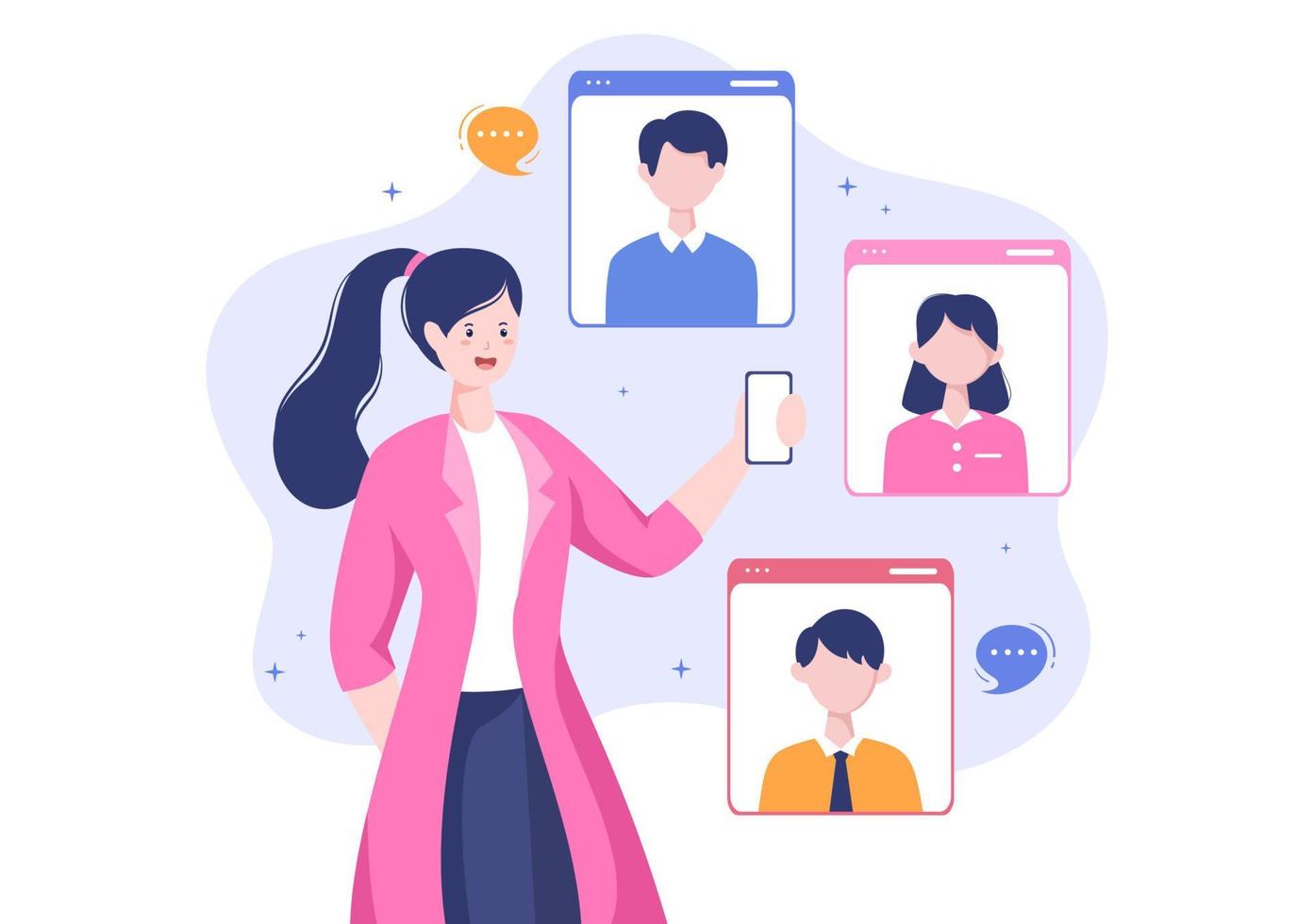 Conference Video Call by Remote Communication with Online Friends using a Smartphone or Computer via a Webcam for Working From Home in Flat Style Cartoon Illustration vector