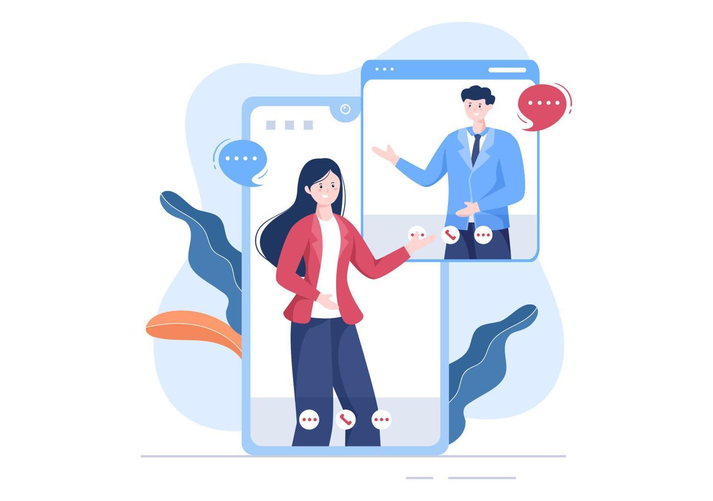 Conference Video Call by Remote Communication with Online Friends using a Smartphone or Computer via a Webcam for Working From Home in Flat Style Cartoon Illustration vector