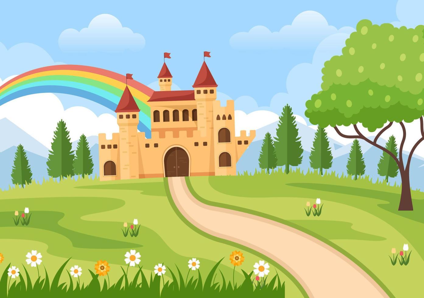 castillo con majestuosa arquitectura de palacio y cuento de hadas como paisaje forestal en ilustración de estilo plano de dibujos animados vector