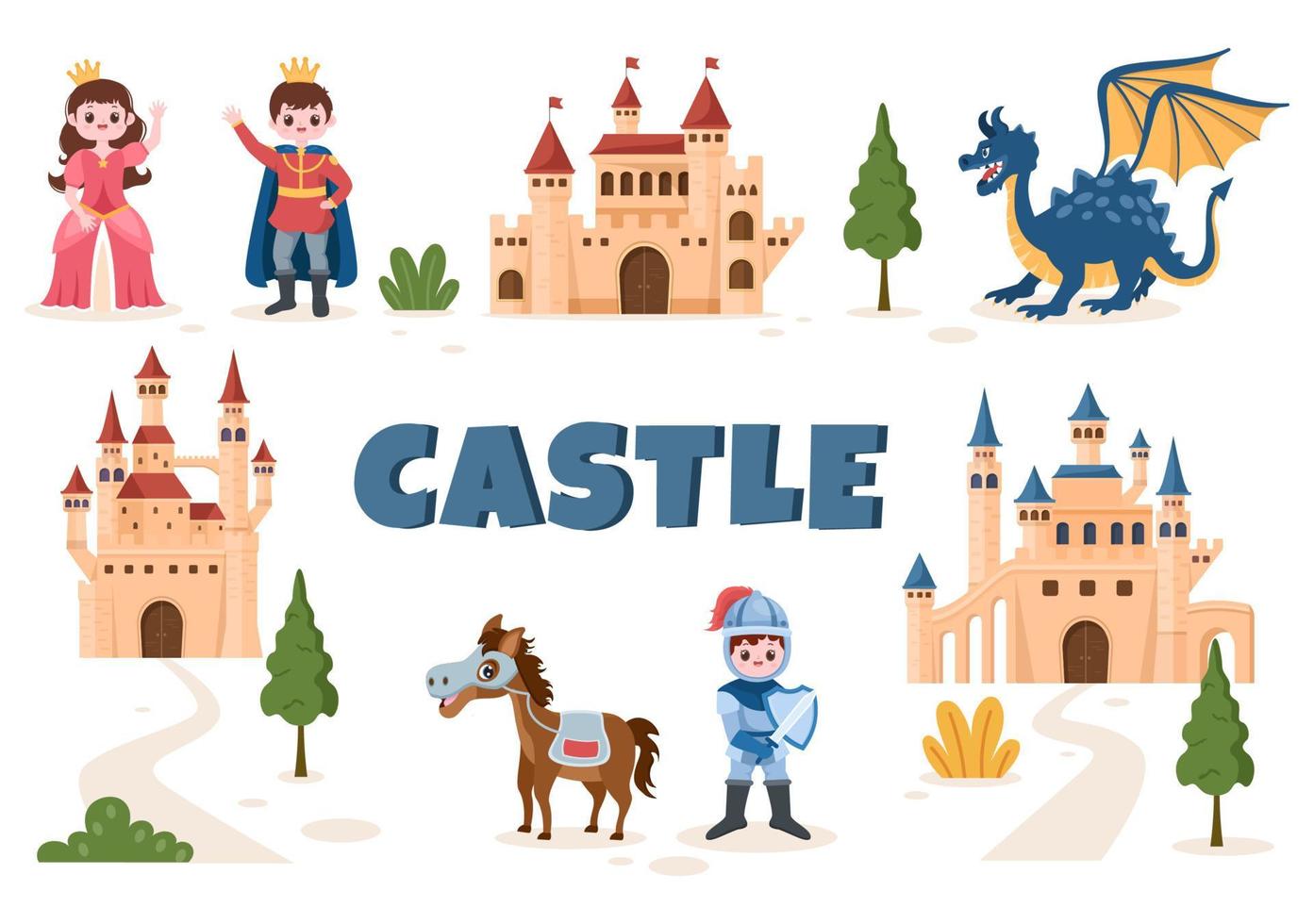 castillo con colección de elementos de príncipe, reina y caballero, majestuosa arquitectura de palacio en ilustración de estilo plano de dibujos animados vector