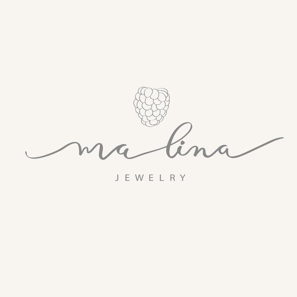 malina - plantilla de logotipo de caligrafía de frambuesa para joyería, horneado, cocina, ropa, moda, etc. diseño de vectores de bayas, ilustración de frutas en línea.