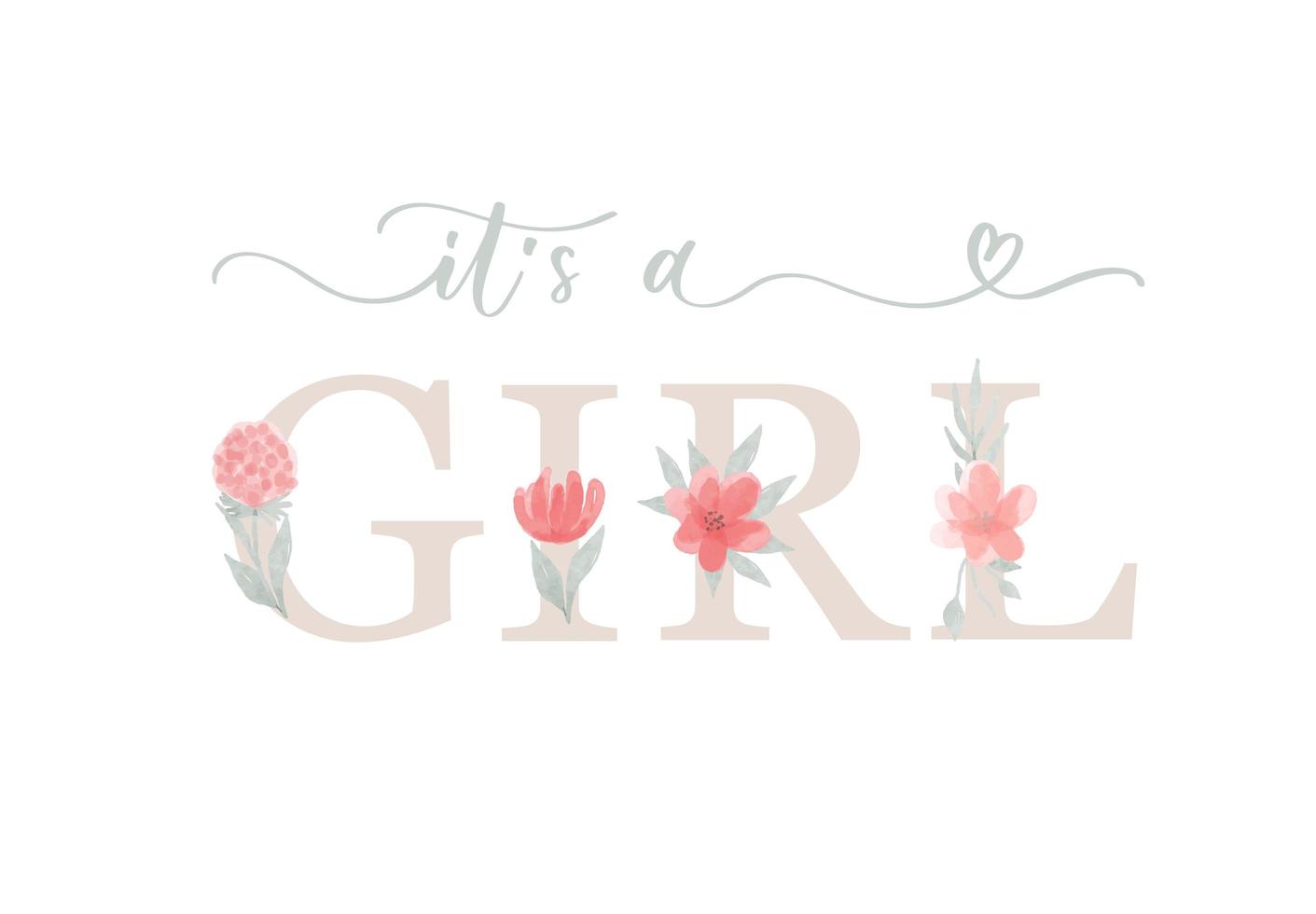 es una chica. Plantilla de invitación de letras de baby shower con flores y hojas de acuarela. vector