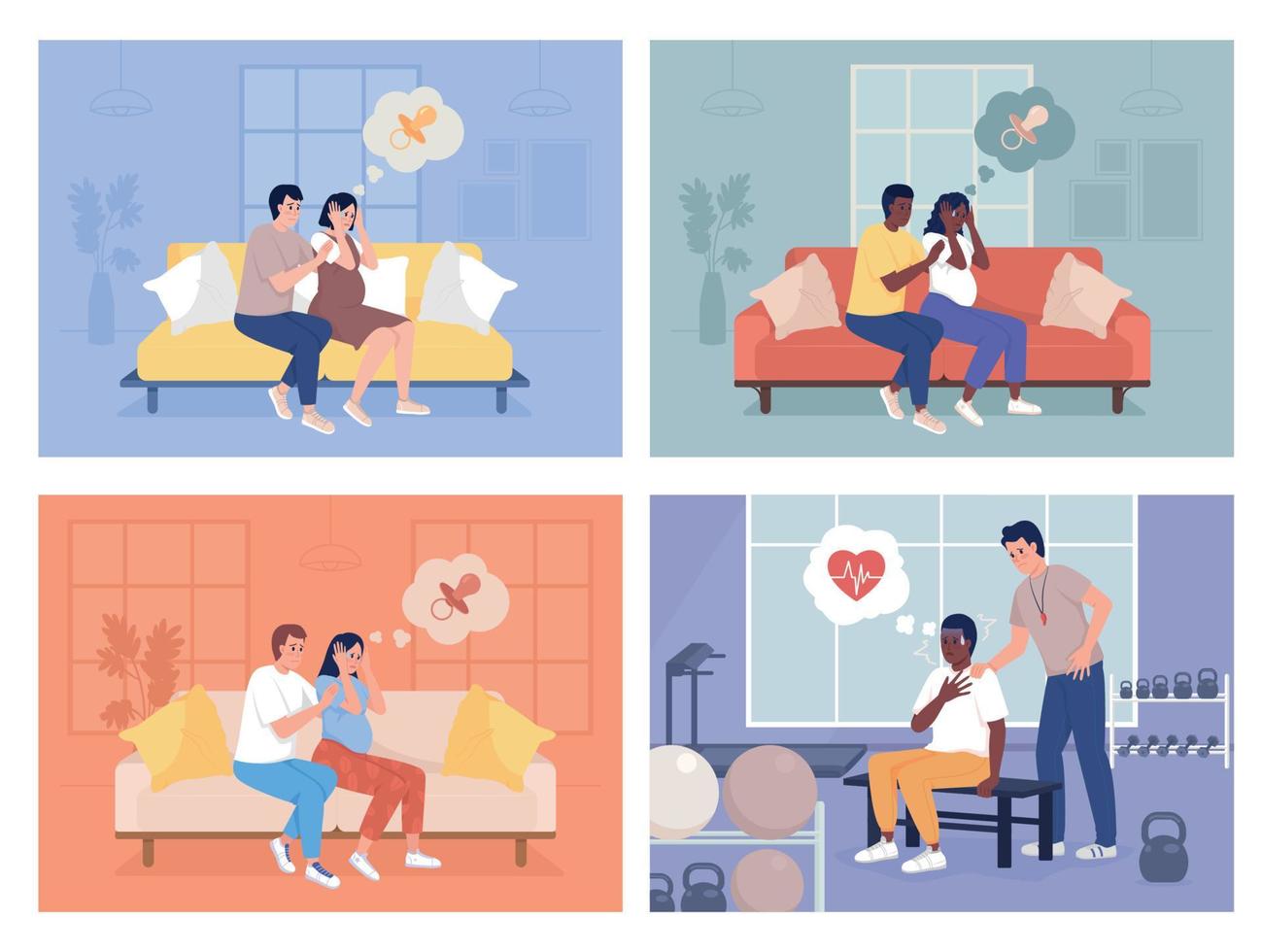 Reassuring during panic episode flat color vector illustration set