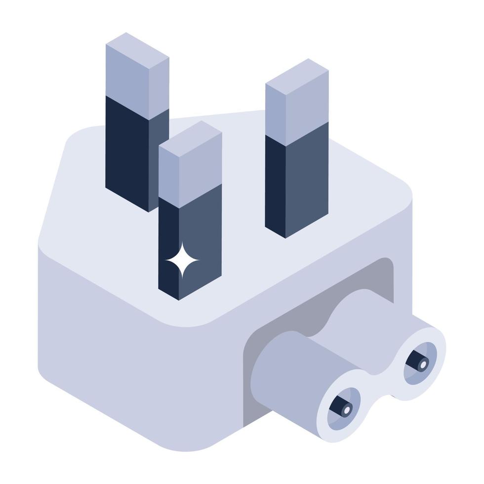 Power plug icon in isometric design, pin cord editable vector