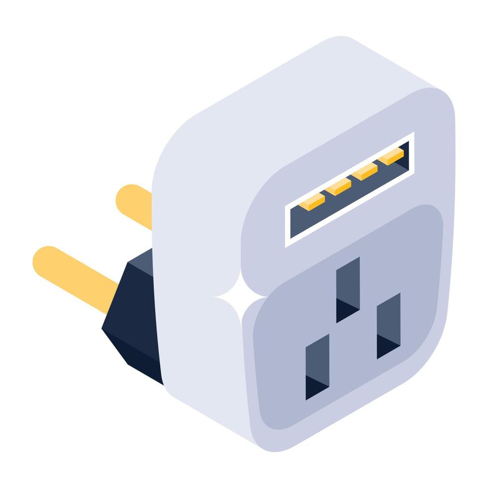 Power plug icon in isometric design, pin cord editable vector