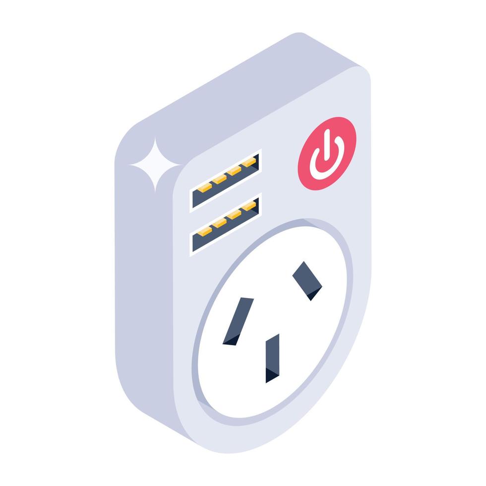 Power plug icon in isometric design, pin cord editable vector