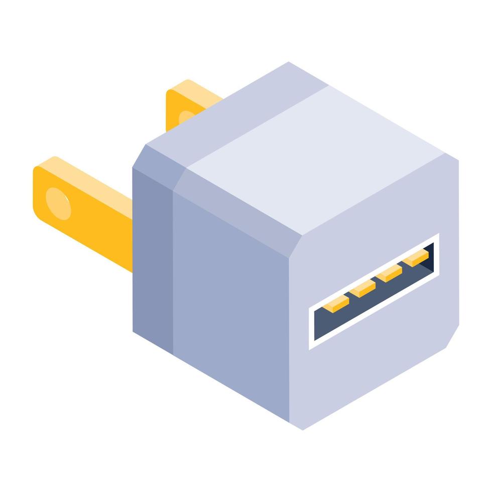 Power plug icon in isometric design, pin cord editable vector