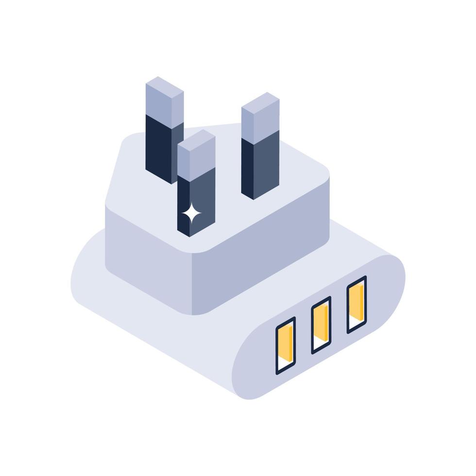 Power plug icon in isometric design, pin cord editable vector