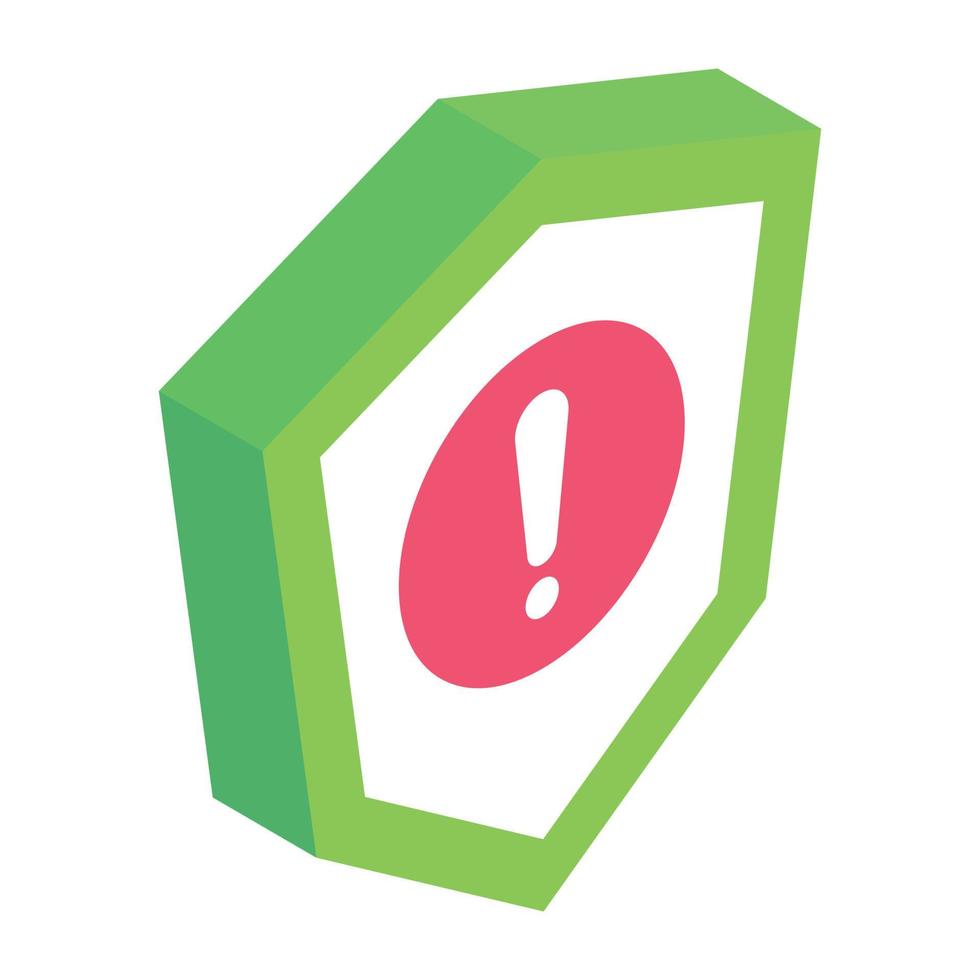 Exclamation sign on shield denoting isometric icon of security alert vector