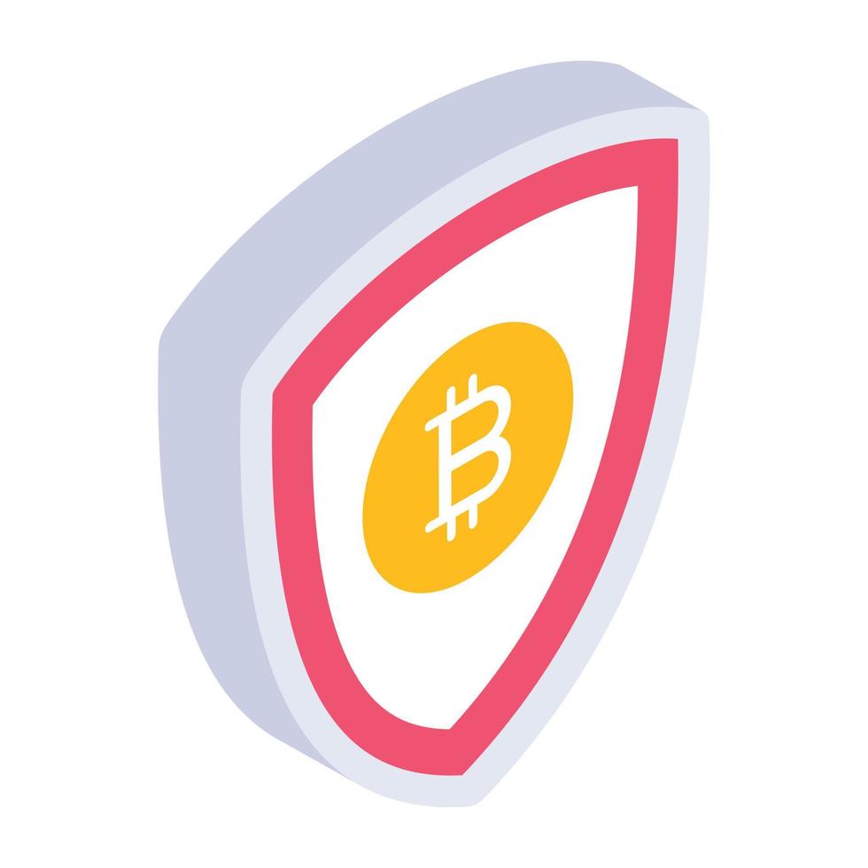 Crypto coin on shield denoting isometric icon of secure cryptocurrency vector