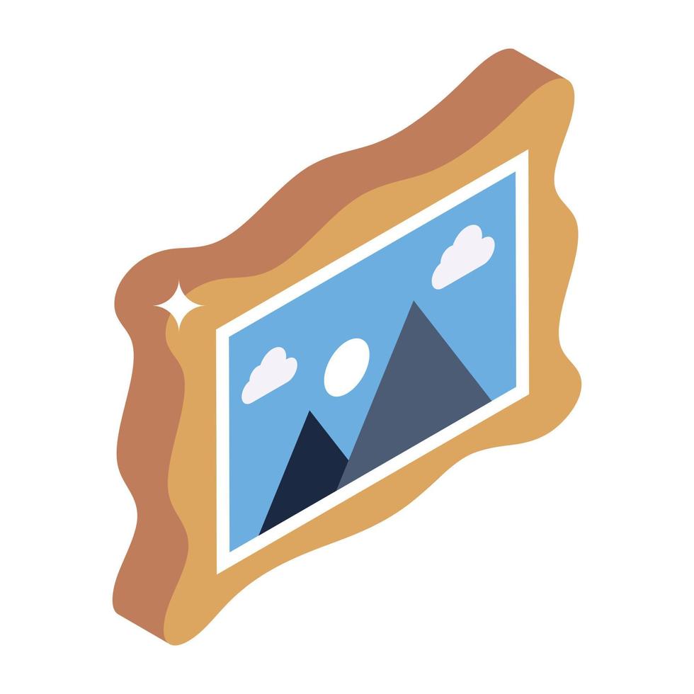 un marco de pintura de paisaje en icono isométrico vector