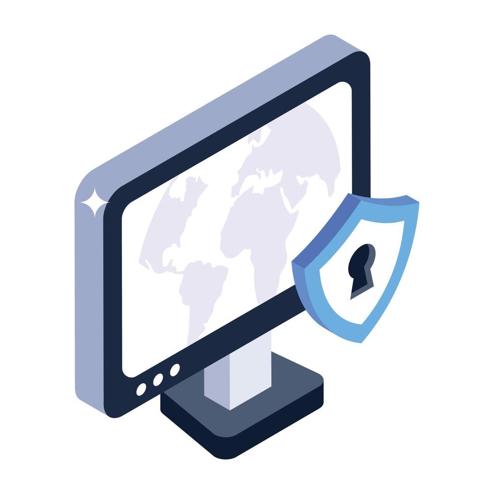 Locked shield with computer showing isometric icon of secure monitor vector