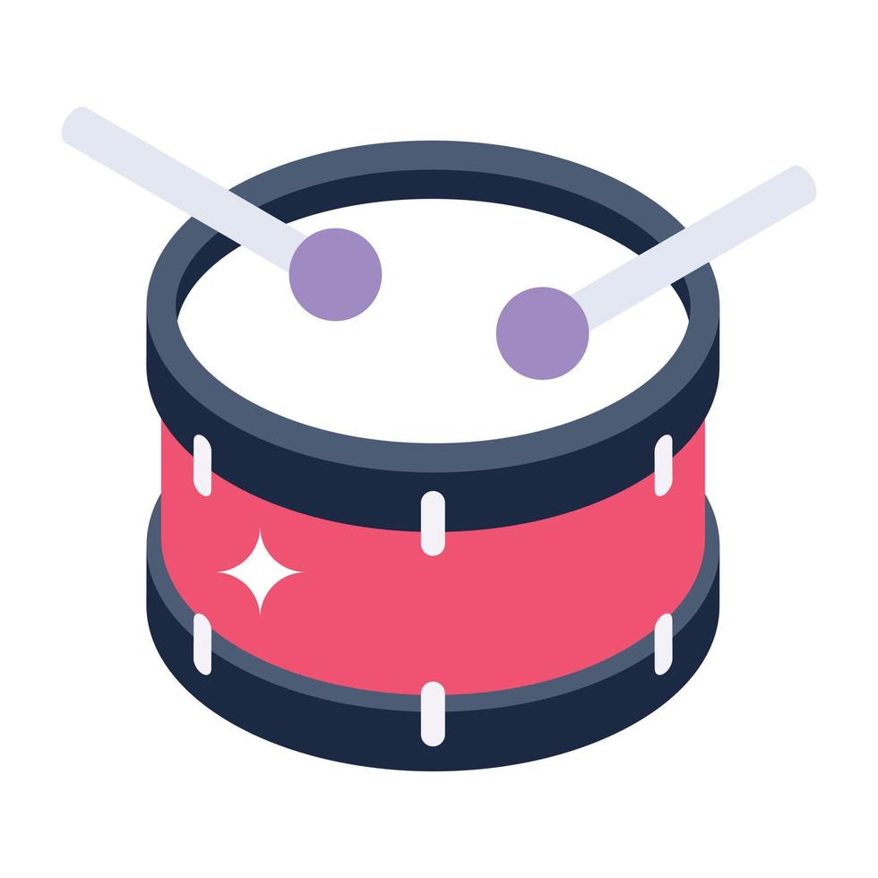 Snare drum isometric style icon, musical instrument vector