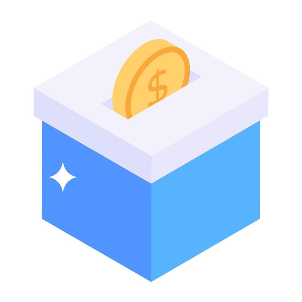 Box with cryptocurrency, bitcoin donation in isometric style vector