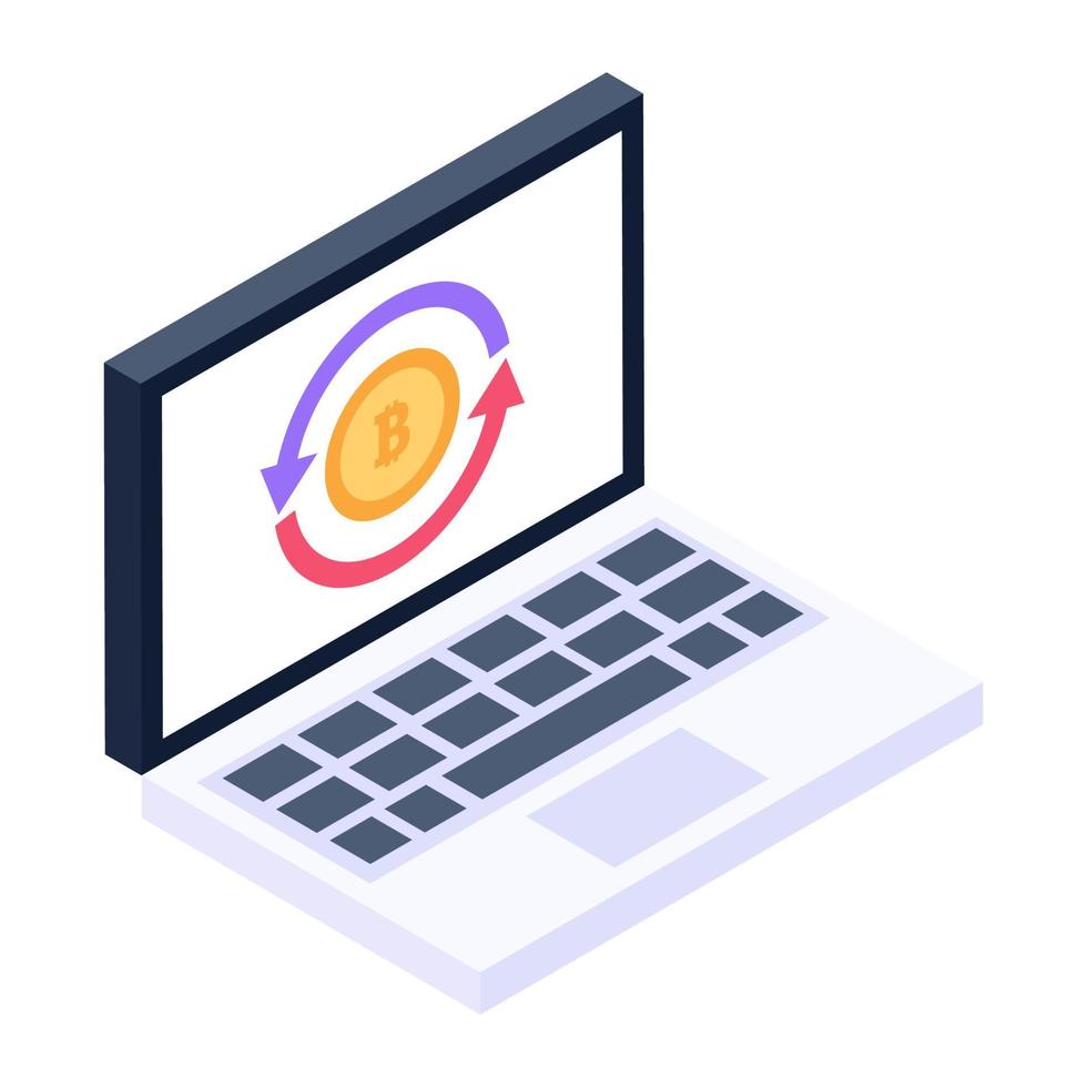 Trendy isometric icon of online bitcoin flow inside laptop vector