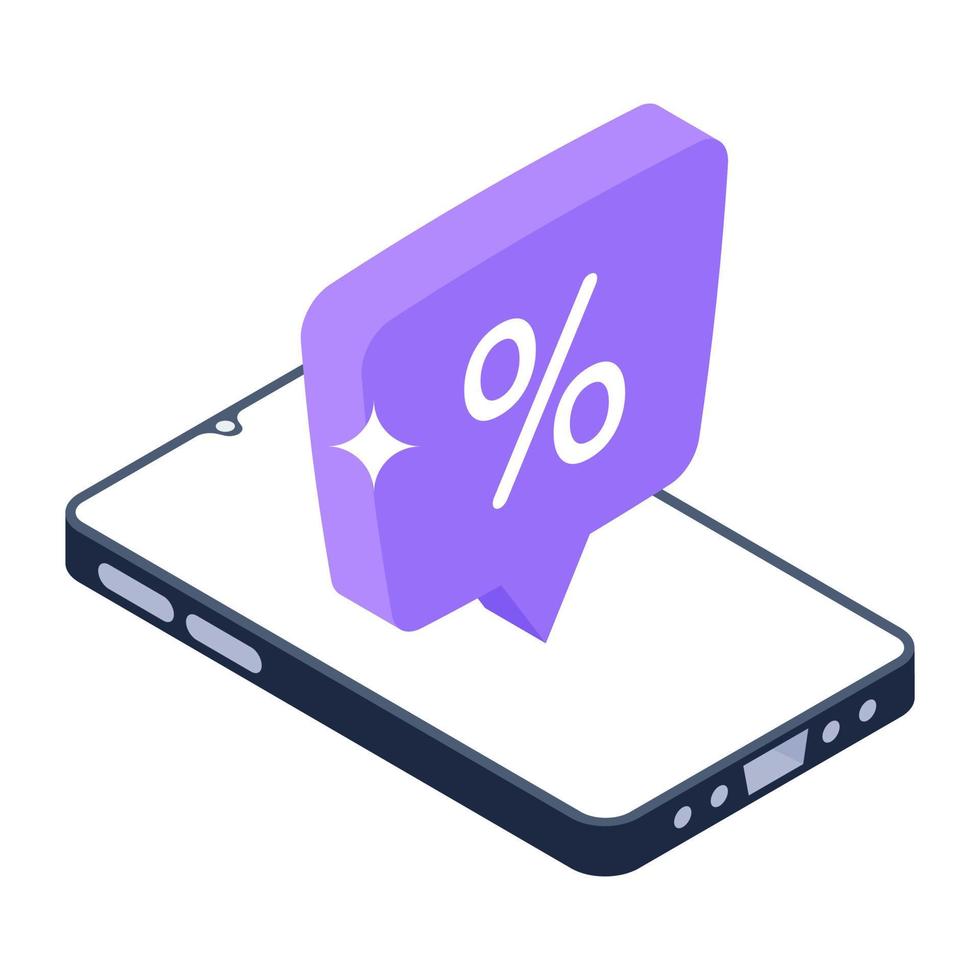 Percentage speech inside mobile, isometric icon of discount app vector