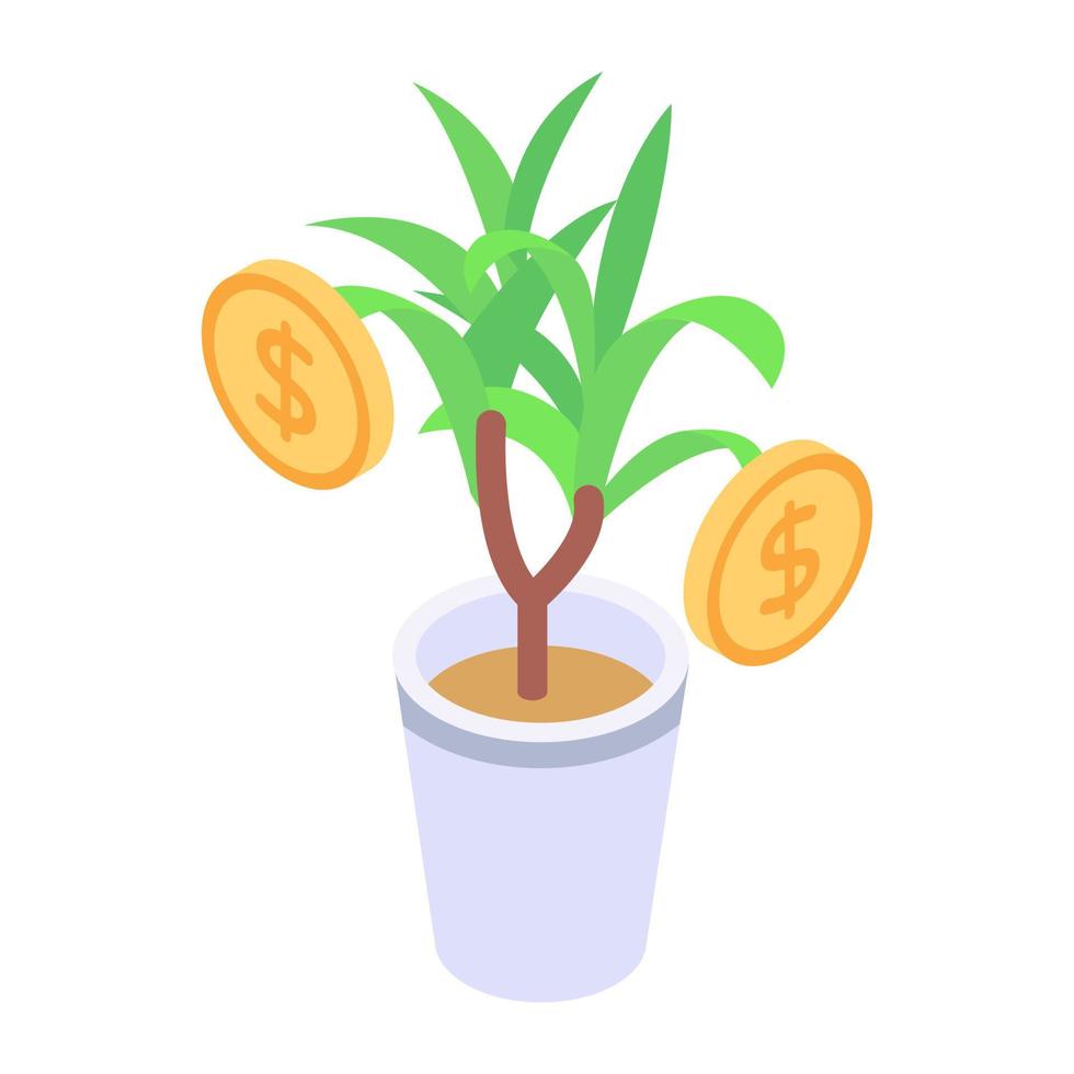 Potted plant with dollar stack, money plant icon in isometric style vector