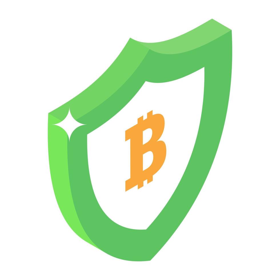 Secure bitcoin, currency protection inside security shield with padlock vector