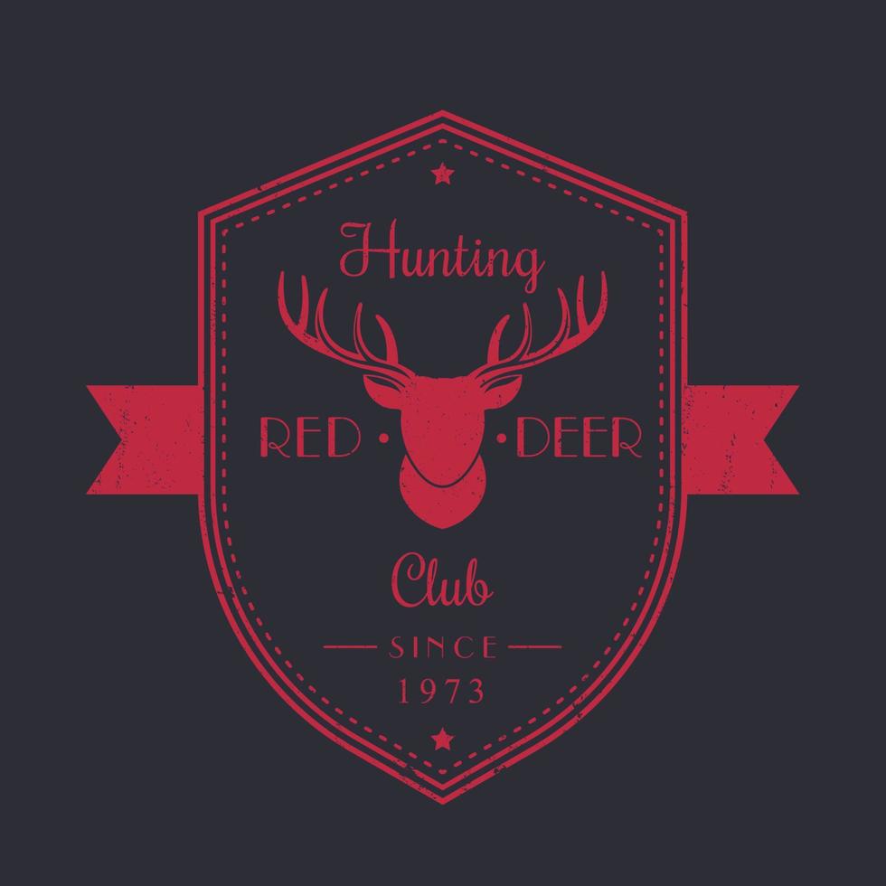 emblema vintage del club de caza, logotipo, placa con cabeza de ciervo rojo vector