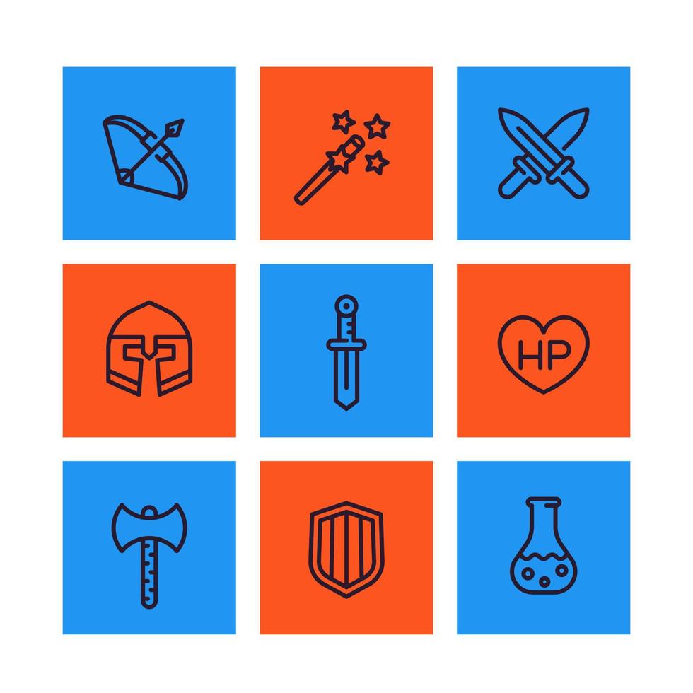 Game icons, RPG, fantasy items, swords, magic wand, bow, helmet, potion vector linear pictograms set