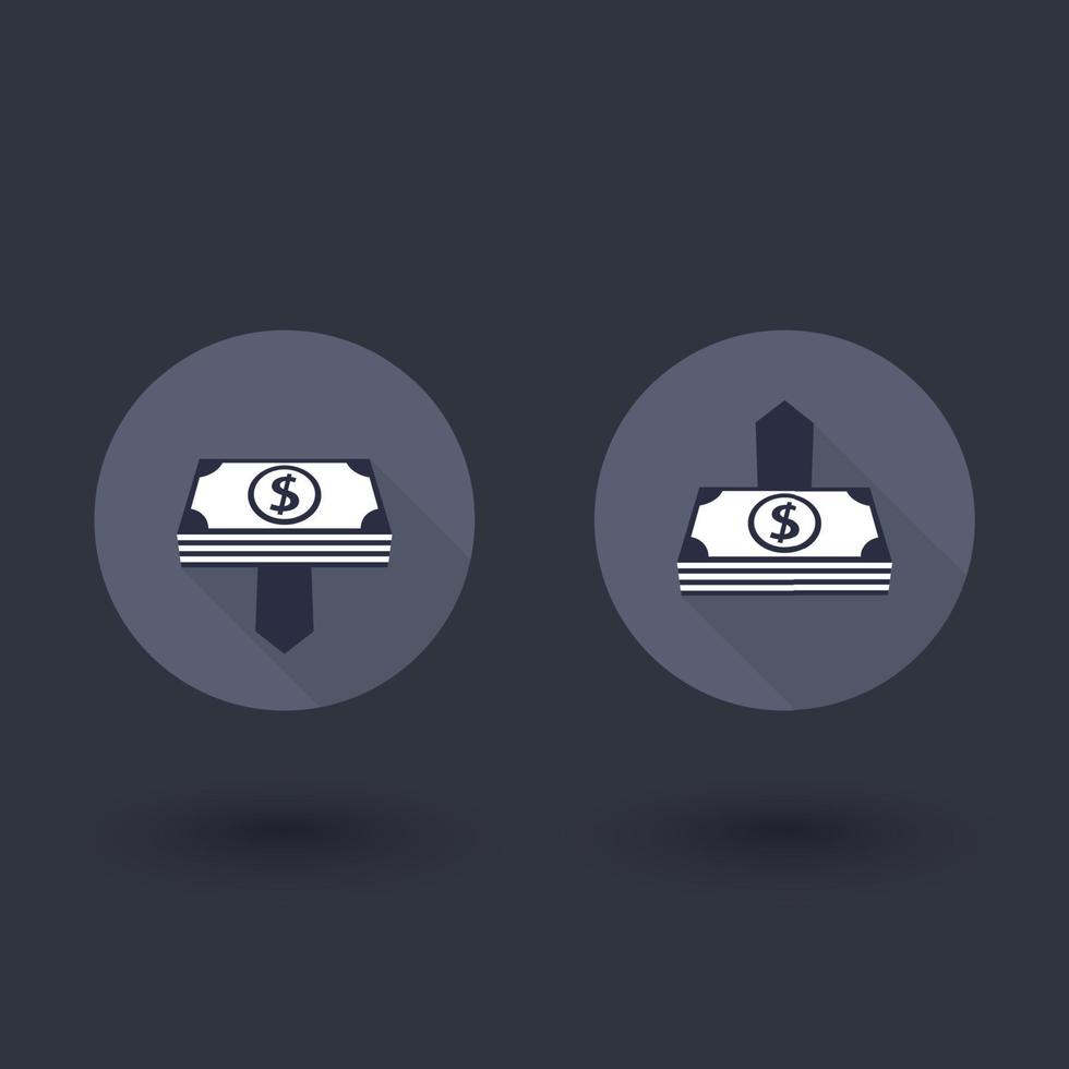Money upload, withdrawal, income growth, decline round flat icons, vector illustration