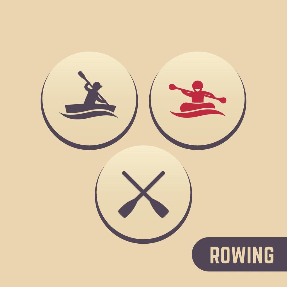 Rowing icons, kayaking, rafting, canoe, oars round icons, vector illustration