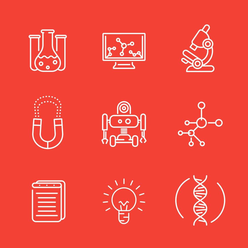 Science line icons set, research, study, laboratory, chemistry, physics, robotics, mechanical engineering vector