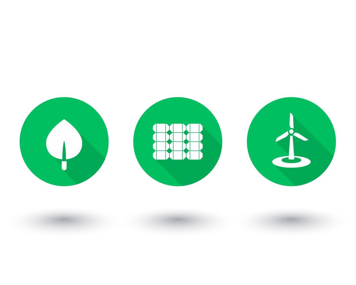 Solar, wind energetics, biofuel, alternative energy solutions, green icons on white, vector illustration