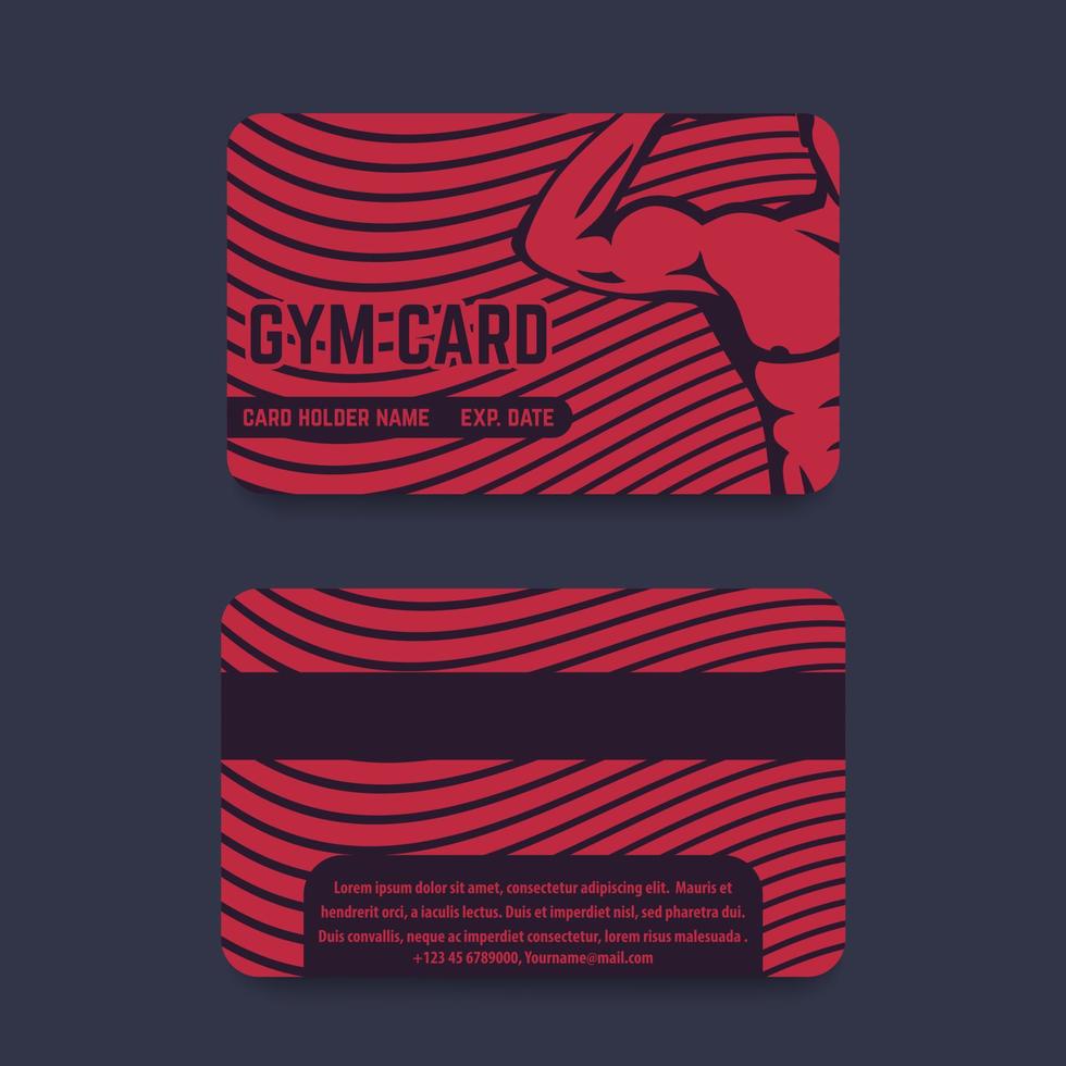 fitness club, gym card design in dark red, with athlete flexing biceps, vector illustration