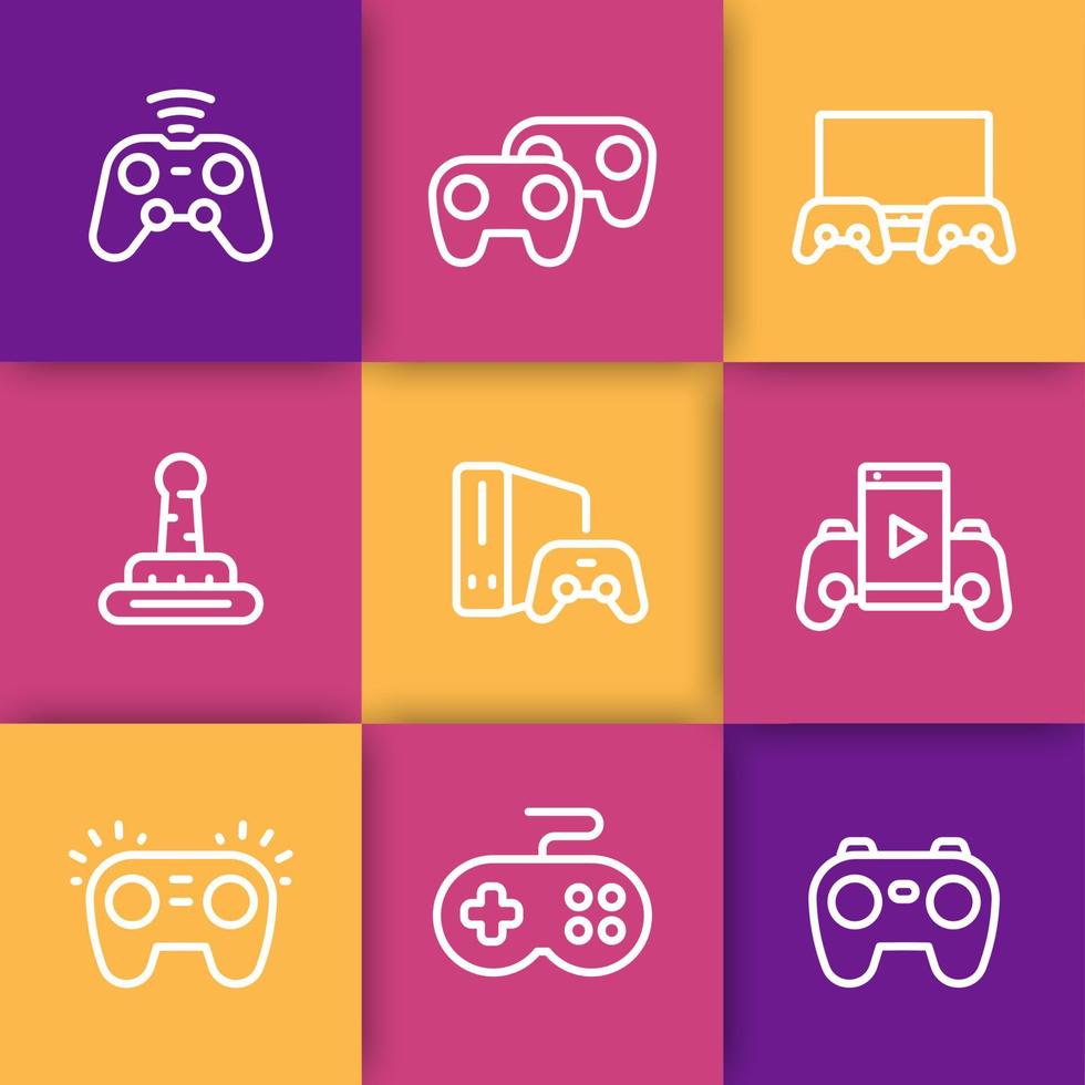 gamepads line icons, mobile game controller, console, video gaming, joystick, retro gamepad vector