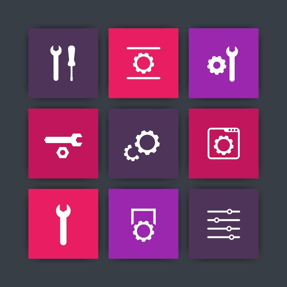 settings, configuration, development, installation icons set, gears, instruments vector