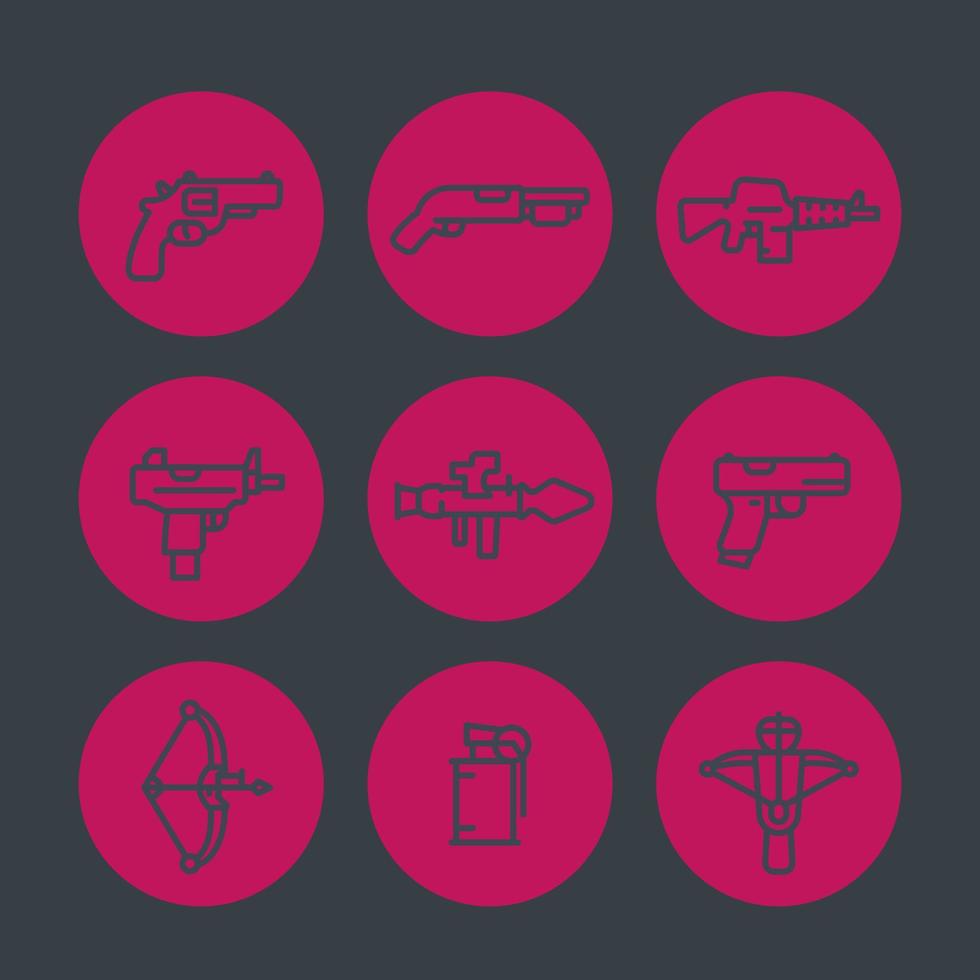 weapons line icons set, rocket launcher, pistol, submachine gun, assault rifle, revolver, shotgun, grenade, crossbow, vector illustration