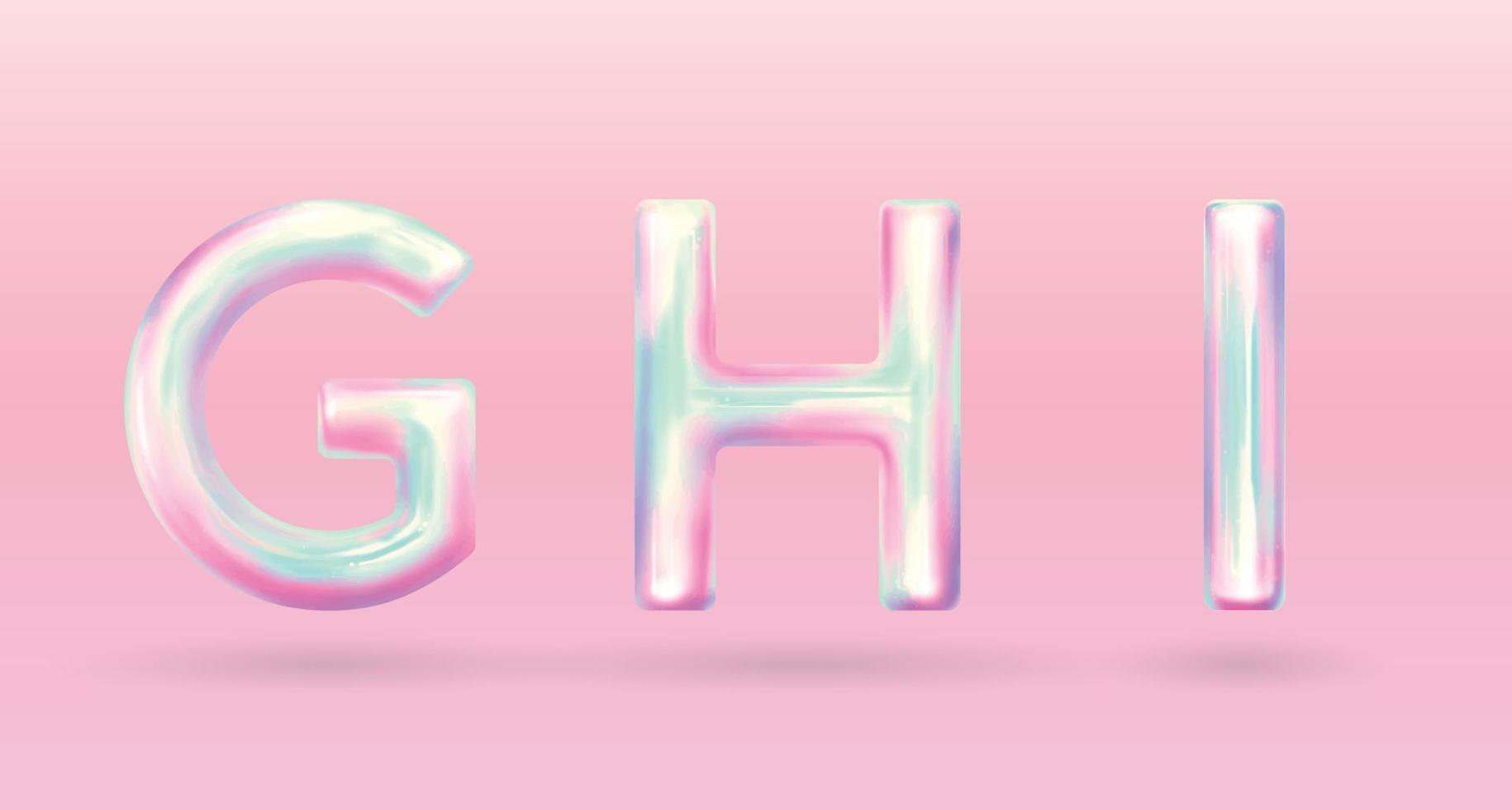 modern holographic alphabet letter G H I uppercase. vector of holographic font isolated on pastel background.