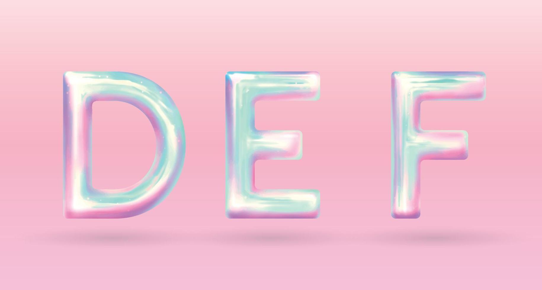 modern holographic alphabet letter D E F uppercase. vector of holographic font isolated on pastel background.